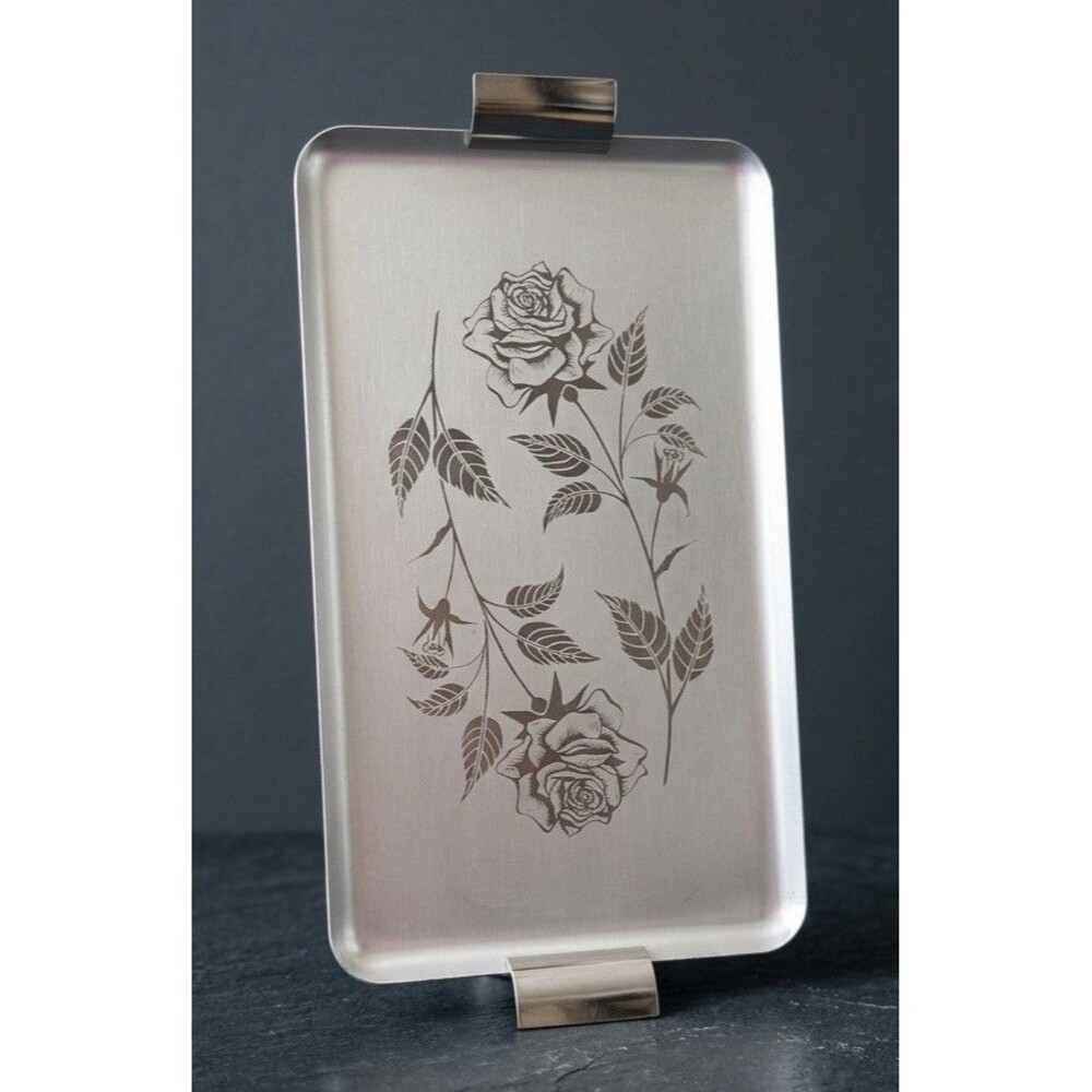 VTG Aluminum Serving Tray Etched Floral Roses Handles Brushed Metal Rectangular